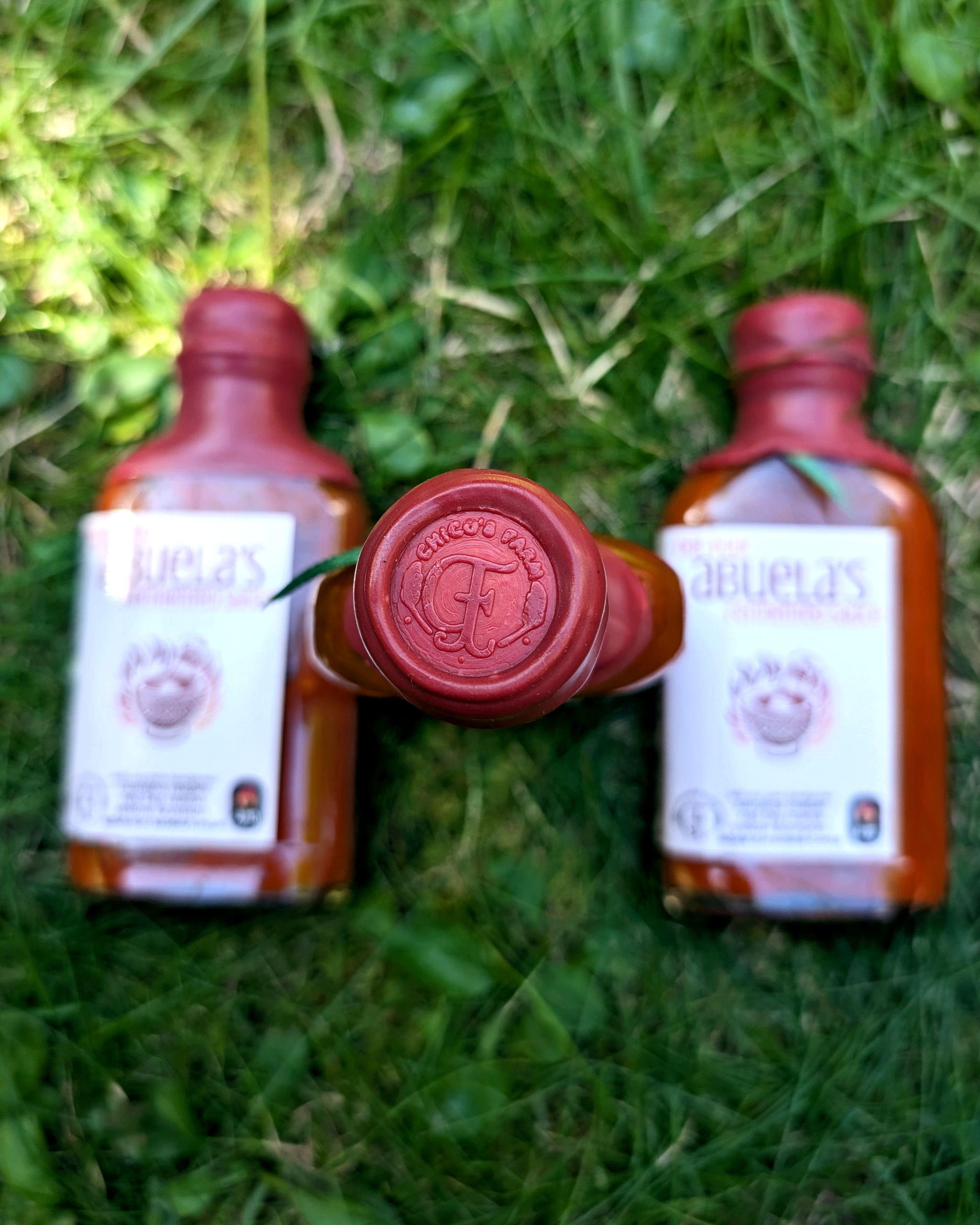 Chico’s Farm Not Your Abuela’s Mild – wax-sealed fermented Tex-Mex hot sauce bottle with Chico’s Farm stamp on grass