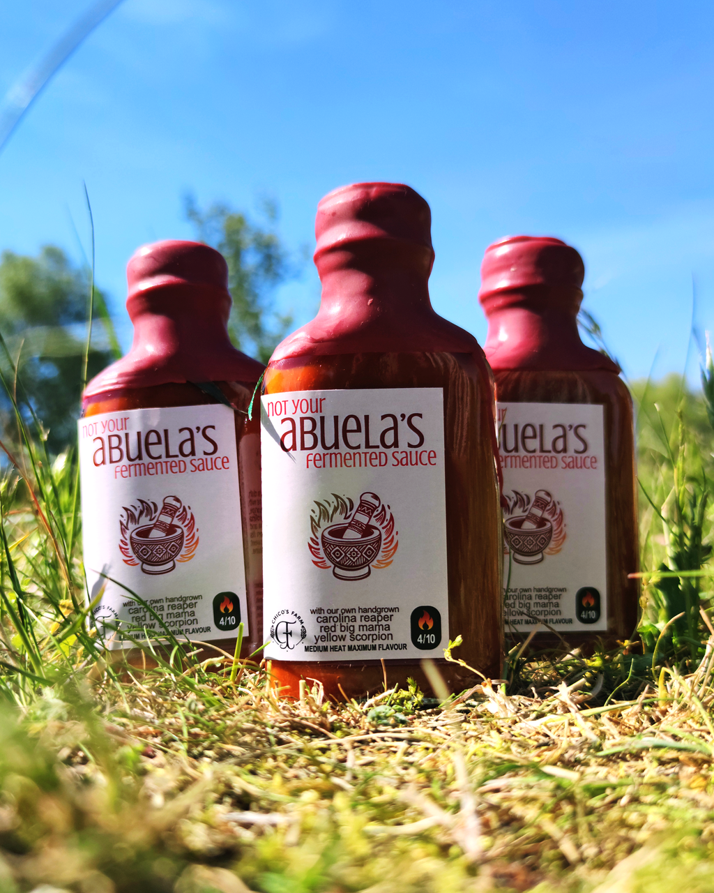 Not Your Abuela’s Mild – three fermented Tex-Mex hot sauce bottles by Chico’s Farm Berlin”