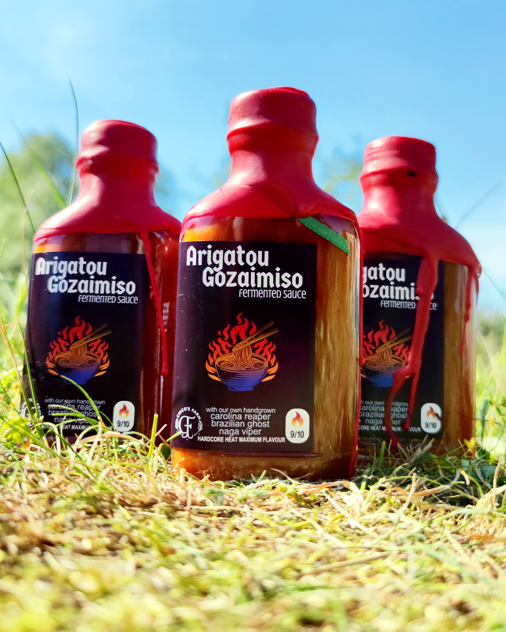 Arigato Gozaimiso – three fermented miso and lime hot sauce bottles by Chico’s Farm Berlin