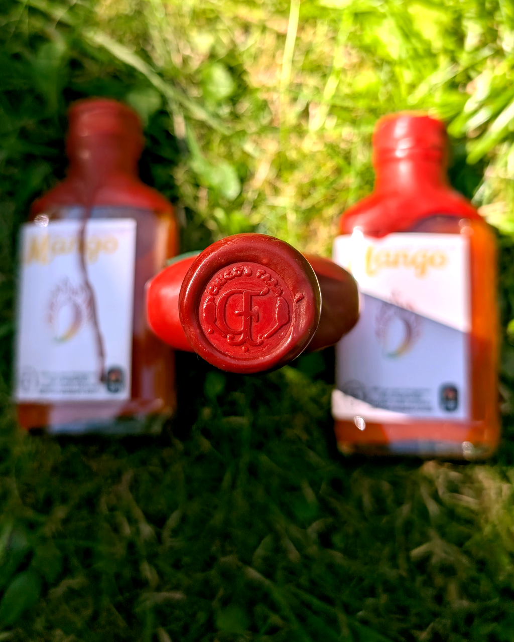 Chico’s Farm Mango Sweet Chili – fermented mango hot sauce bottle on grass