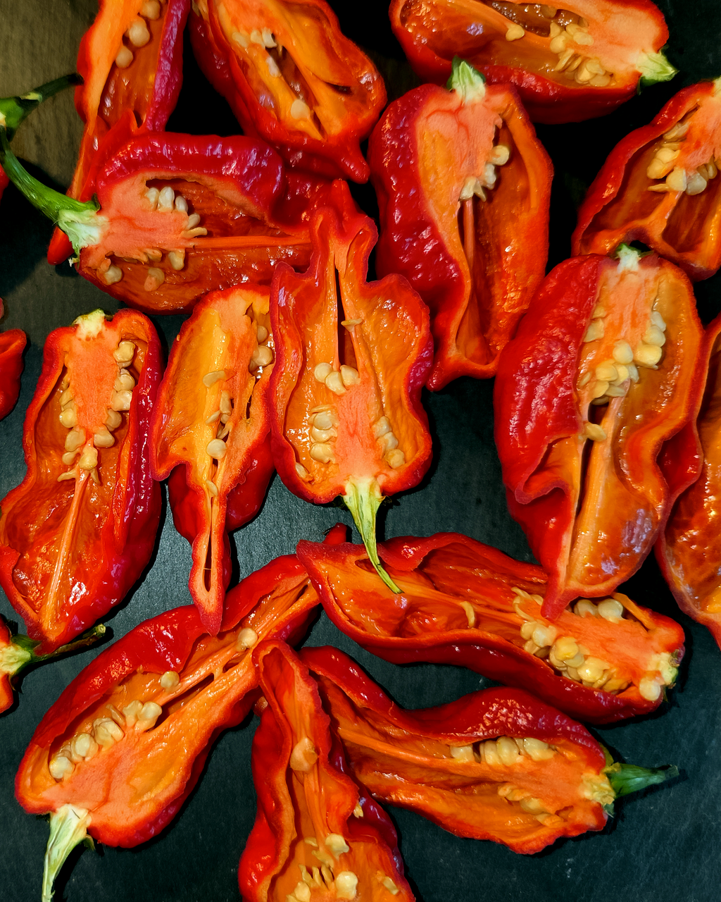 Freshly harvested and sliced Naga Viper superhot chili peppers