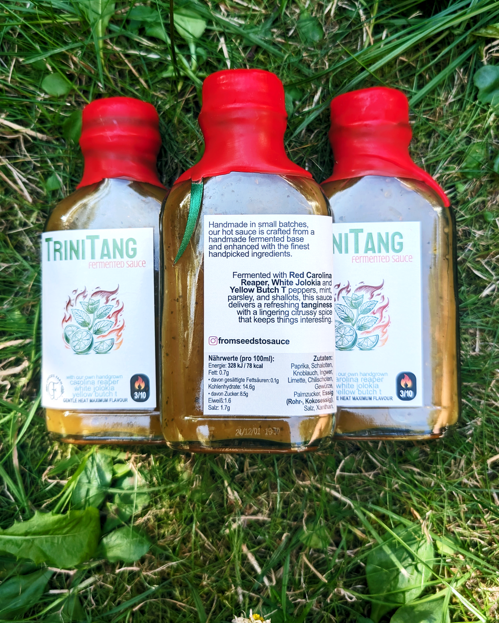 TriniTang Mild hot sauce bottles outdoors – fermented citrus and herb lineup
