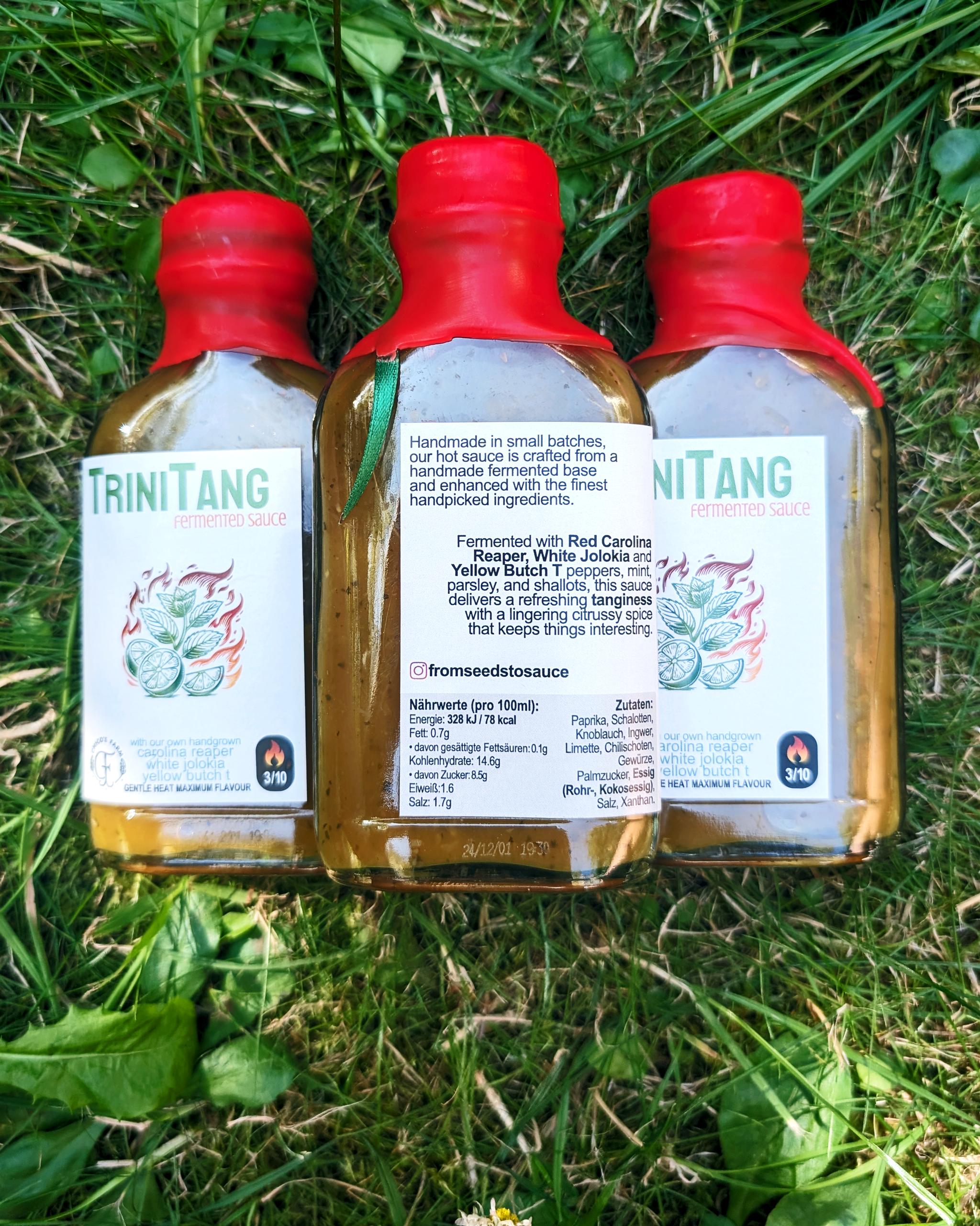 TriniTang Mild hot sauce bottles outdoors – fermented citrus and herb lineup