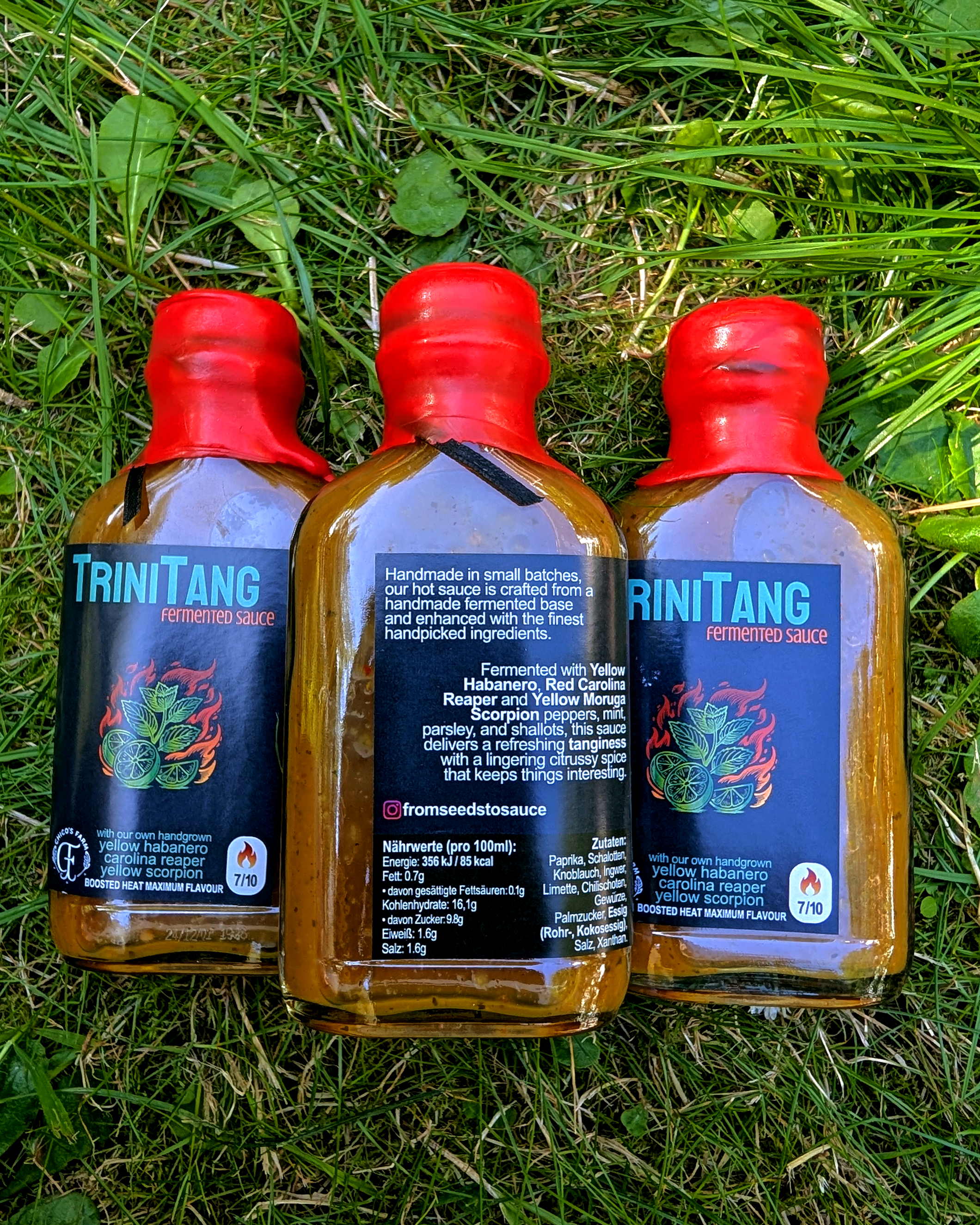 TriniTang Hot hot sauce bottles outdoors – fermented citrus and herb chili lineup with real heat